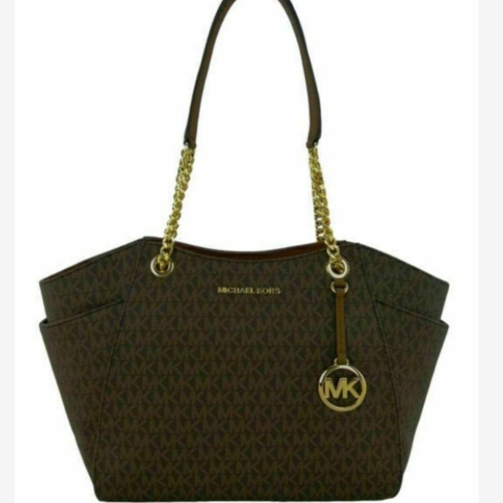 Michael Kors Jet Set Travel Brown Signature Leather Chain Tote Shoulder Bag
